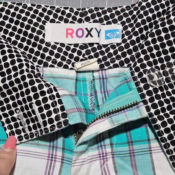 Roxy Womens Turquoise & White Plaid Bermuda Shorts Size 8 Cotton Blend - Picture 3 of 15